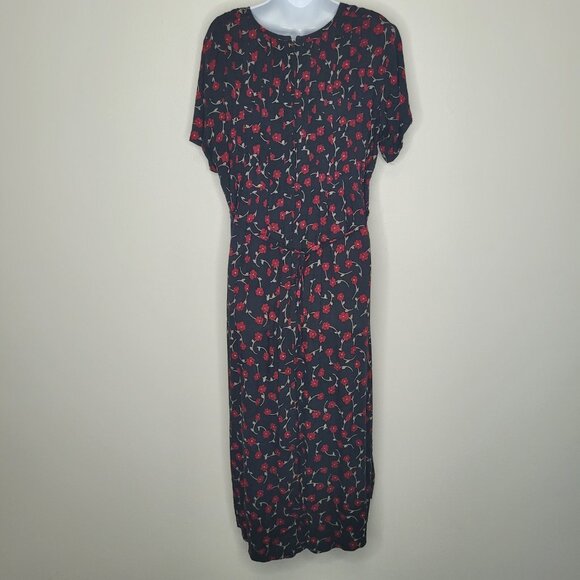 Vintage 90s black red moody witchy floral modest tie back maxi dress 14 FLAW - Picture 2 of 9